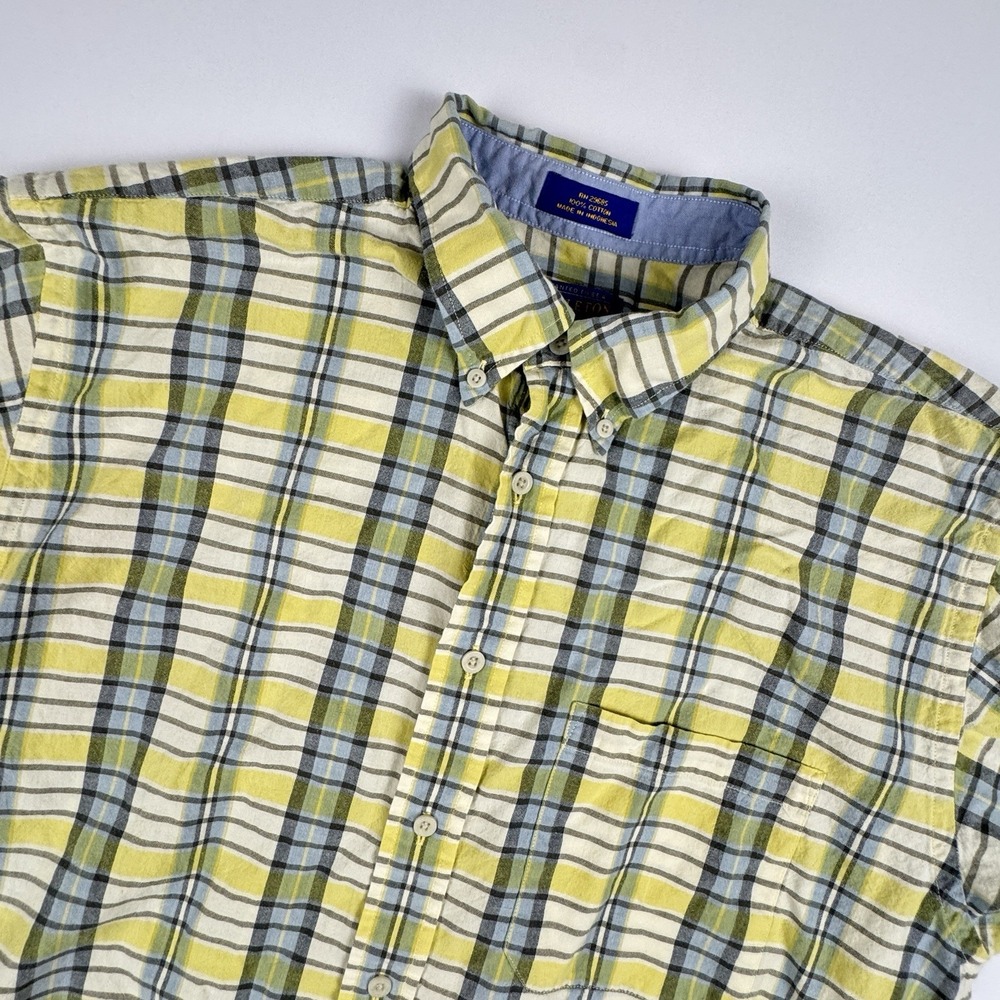 Pendleton Men Size Large Short Sleeve Button Down Shirt Yellow Blue Plaid Cotton